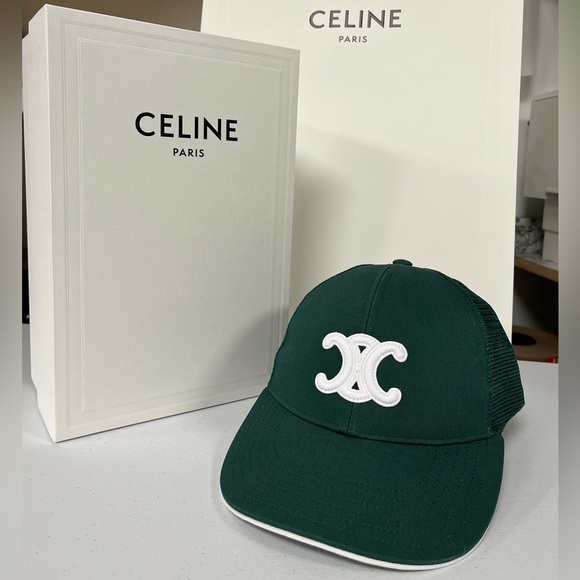 $590 Celine Triomphe Mesh Baseball Cap, Dark Green / White, Size M - Picture 1 of 7